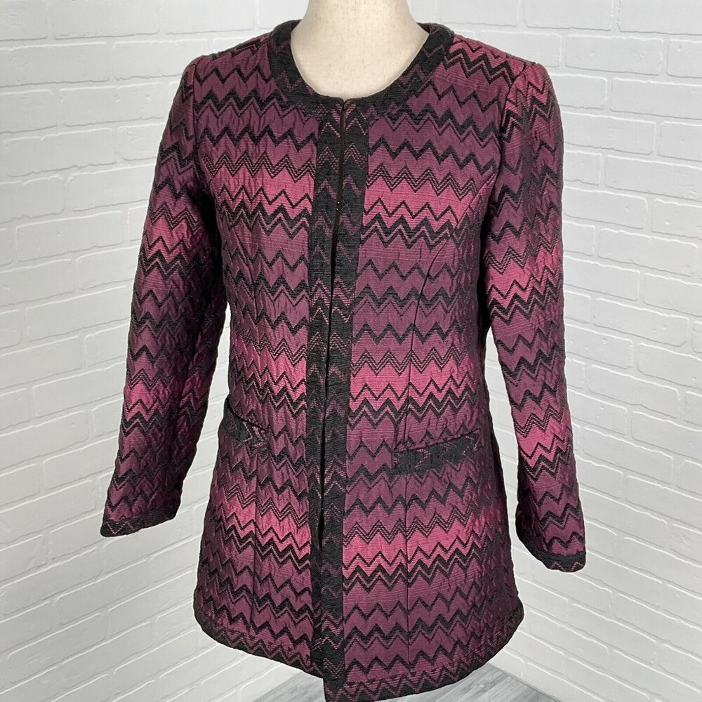 Chicos Jacket Women 0 Small 4‎ Purple Black Chevron Tapestry Mid Length